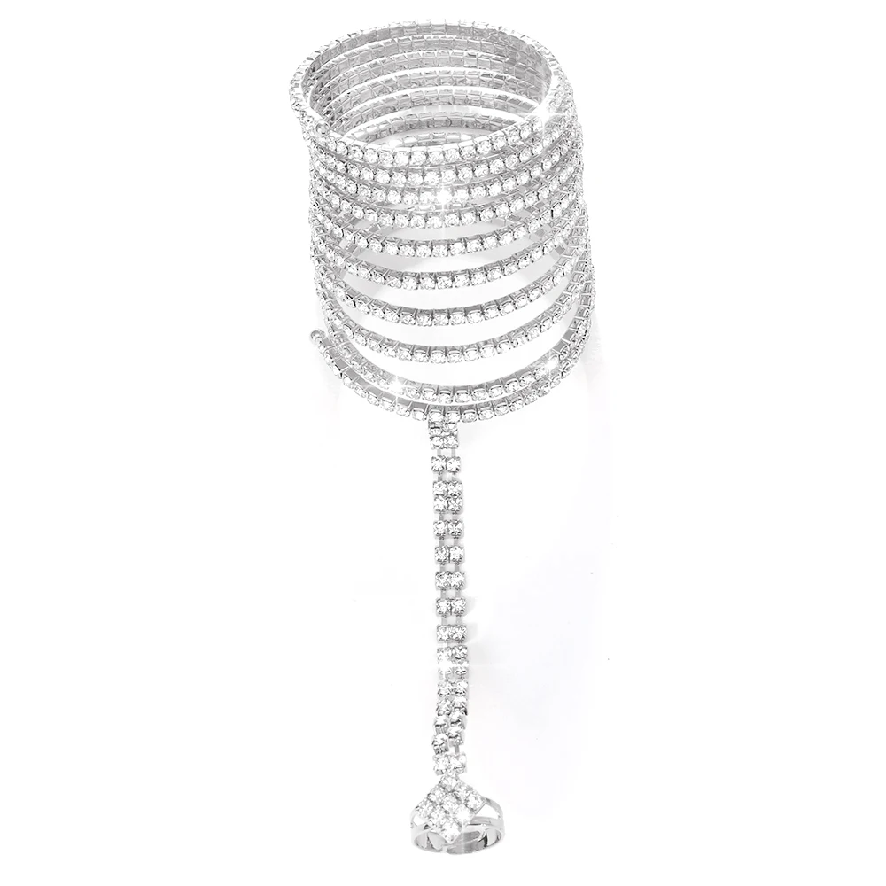 XSBODY Multi-layer Crystal Finger Chain Bracelets for Women Rhinestone Stretch Bangle Upper Arm Bracelet Wedding Jewelry Gift