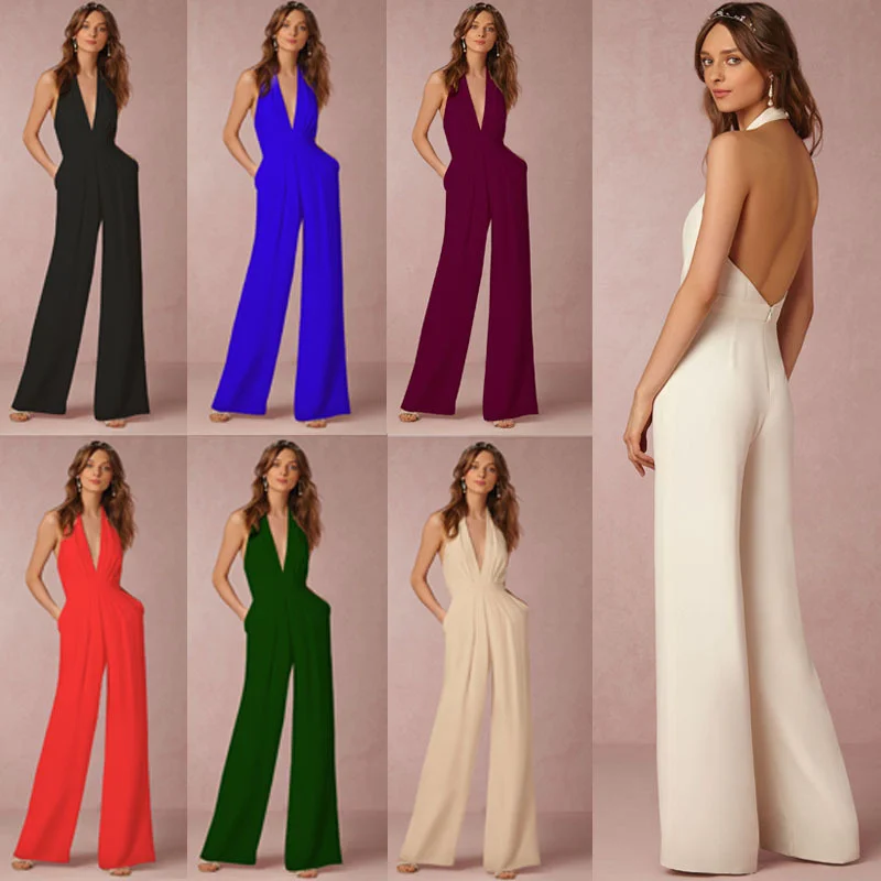 Elegant Office Lady กว้างขากางเกงสบายๆ Halter ผู้หญิง Jumpsuits 2022ฤดูร้อน Backless Rompers ยาว