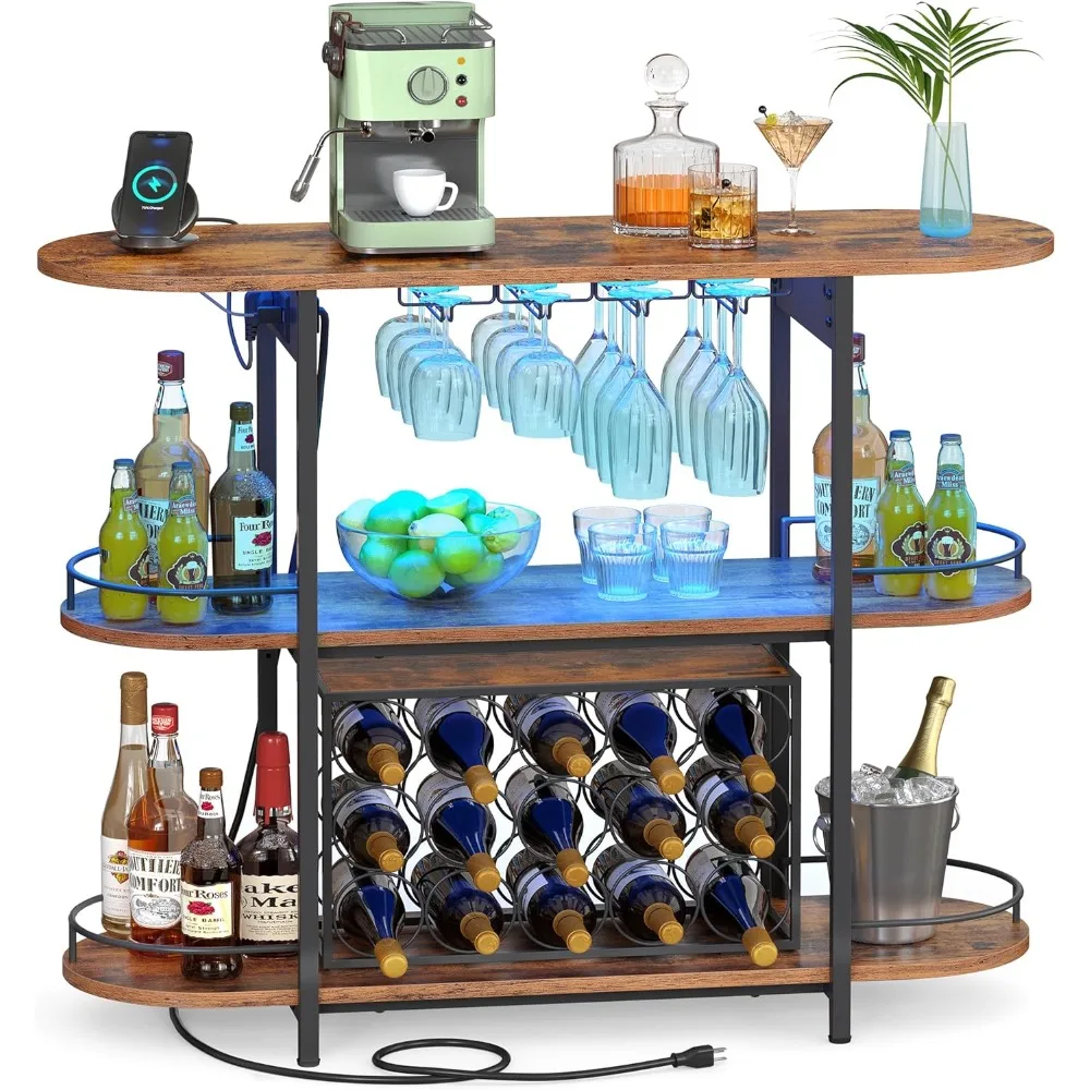 

Lights and Power Outlets, Freestanding Coffee Bar Wine Cabinet, Wine Rack, Glass Holder, Mini Bar for Liquor and Glasses,
