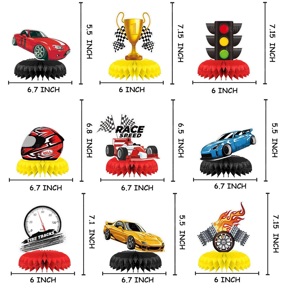 8 Stück Rennwagen-Waben-Mittelstücke, Dekorationen, Let’s Go Racing, karierte Auto-Tischauflagen, Rennwagen-Geburtstagsparty-Zubehör – Detail 2