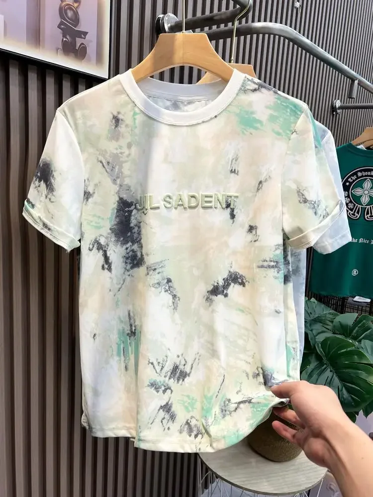 Tops Tie Dye Male Tees Shirts Heather Men's T-shirt Embroidery Watercolor Print Alphabet Casual 5xl Ordinary Fashion Summer Cool