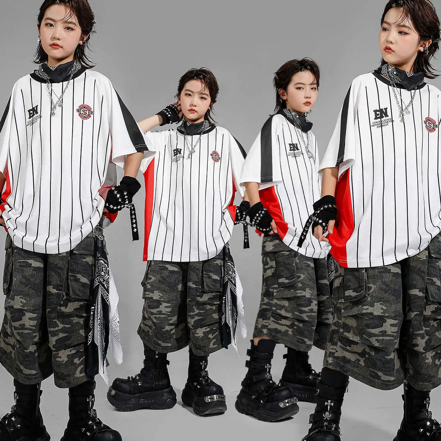 

Kid Kpop Hip Hop Clothing White Striped T Shirt Top Camouflage Cargo Shorts Middle Pants for Girl Boy Jazz Dance Costume Clothes