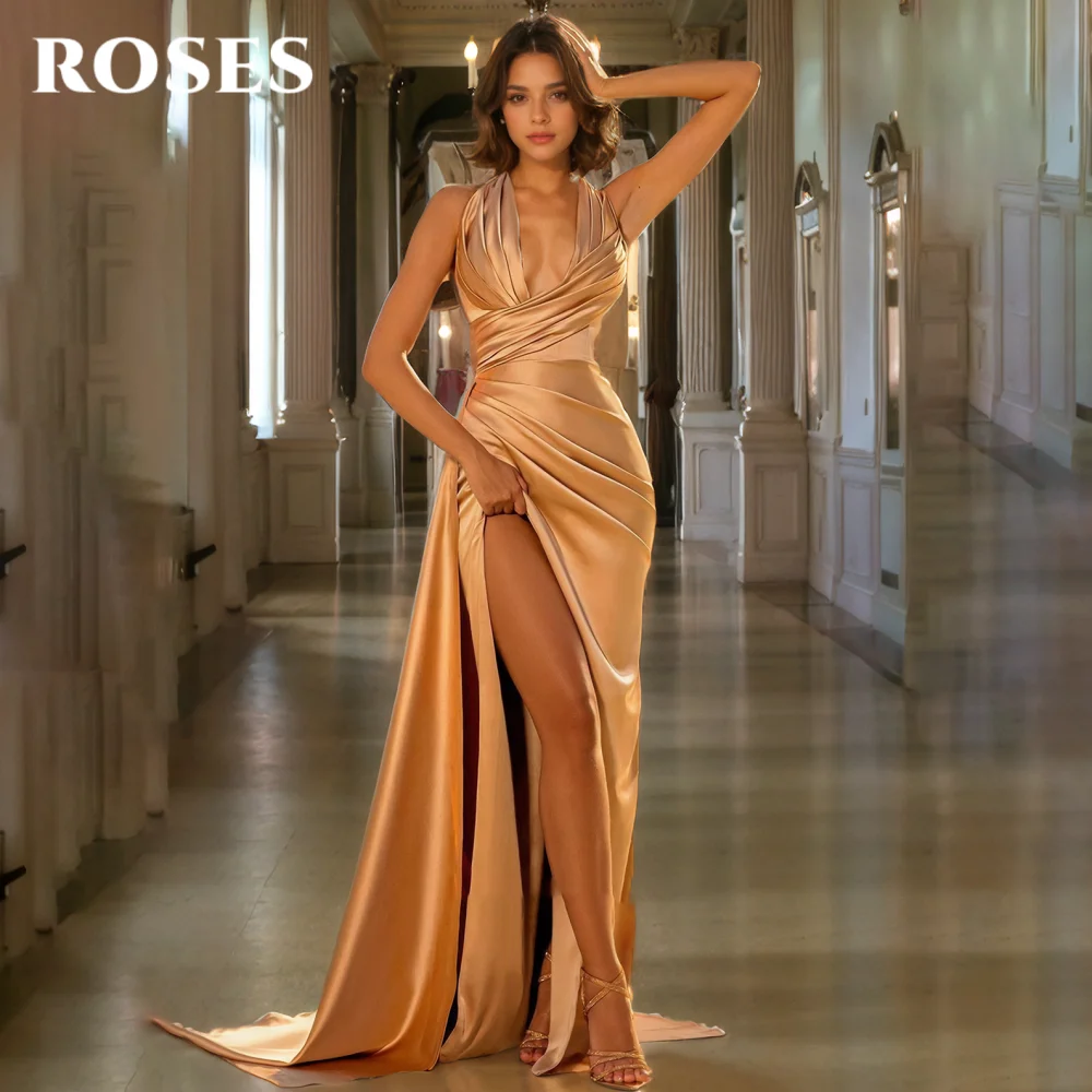 

ROSES Champagne Evening Gown Elegant Halter Split Prom Dress Pleat Stain V Neck Wedding Evening Dress robes de soirée Customized