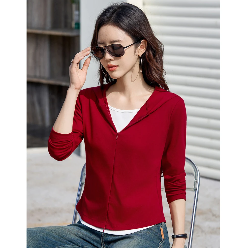 

Korean style wine red long sleeved T-shirt for women's autumn new high-end fashion plus size fake two-piece hooded casual top