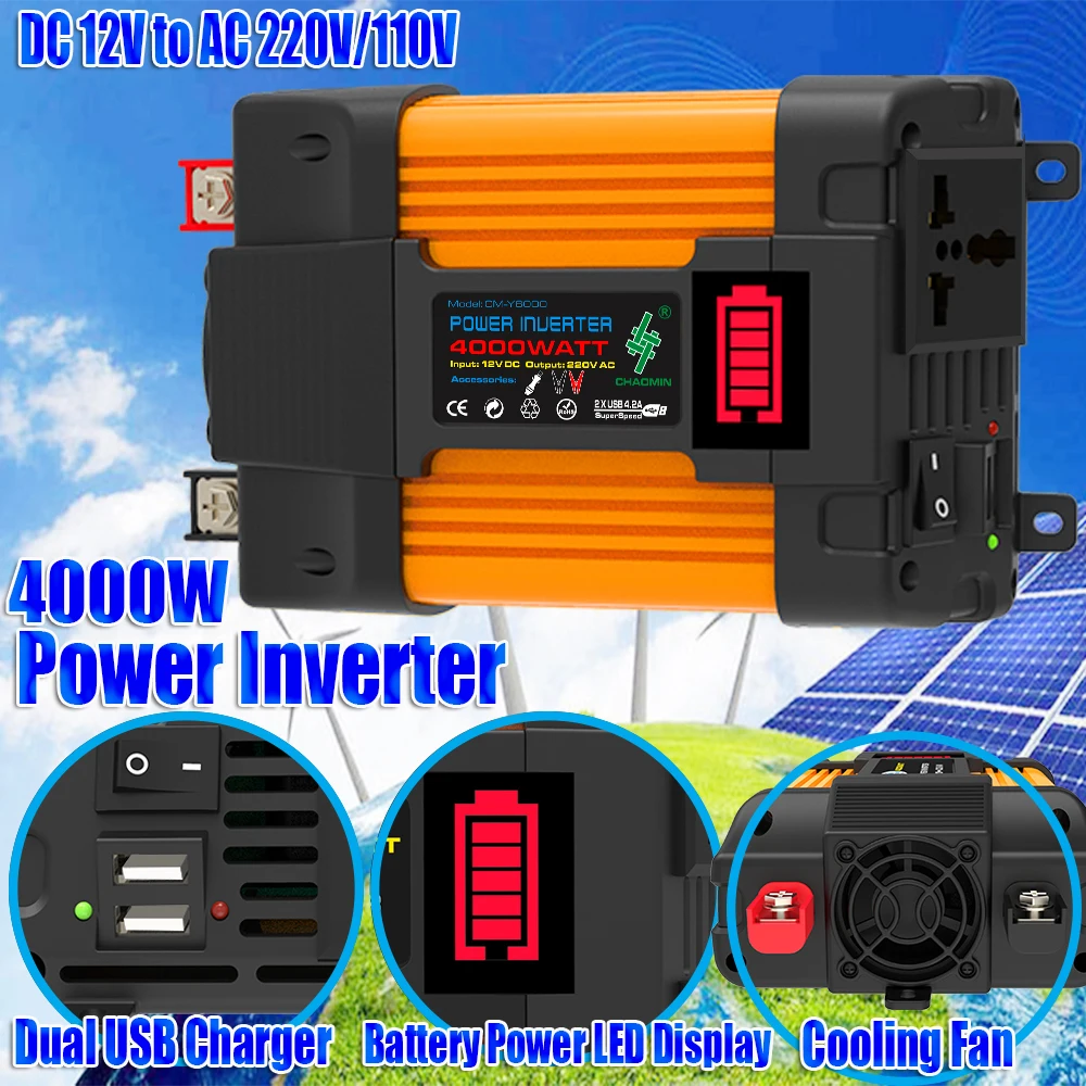 50W 18V Mono Solar Panel + Y4000 Car Power Inverter Kit 300W/500W Rated 4000W/6000W Peak 12V to 110V/220V LED Display 8-Protecti
