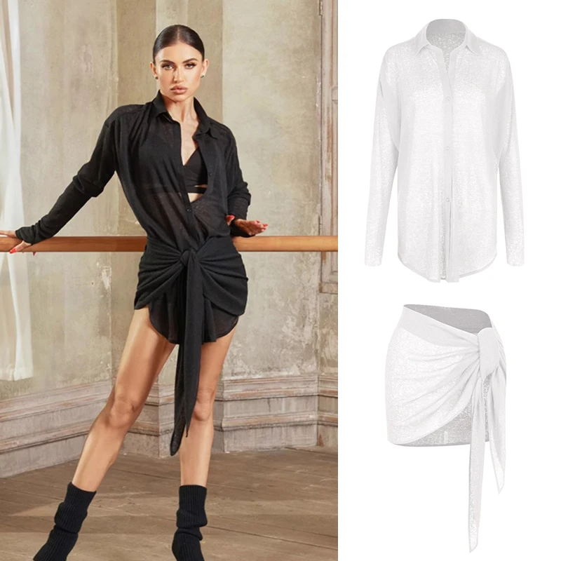 Sexy Long Sleeves Latin Dance Shirt Dress Women Samba Latin Dance Performance Dresses Chacha Stage Party Dance Clothing SL9435