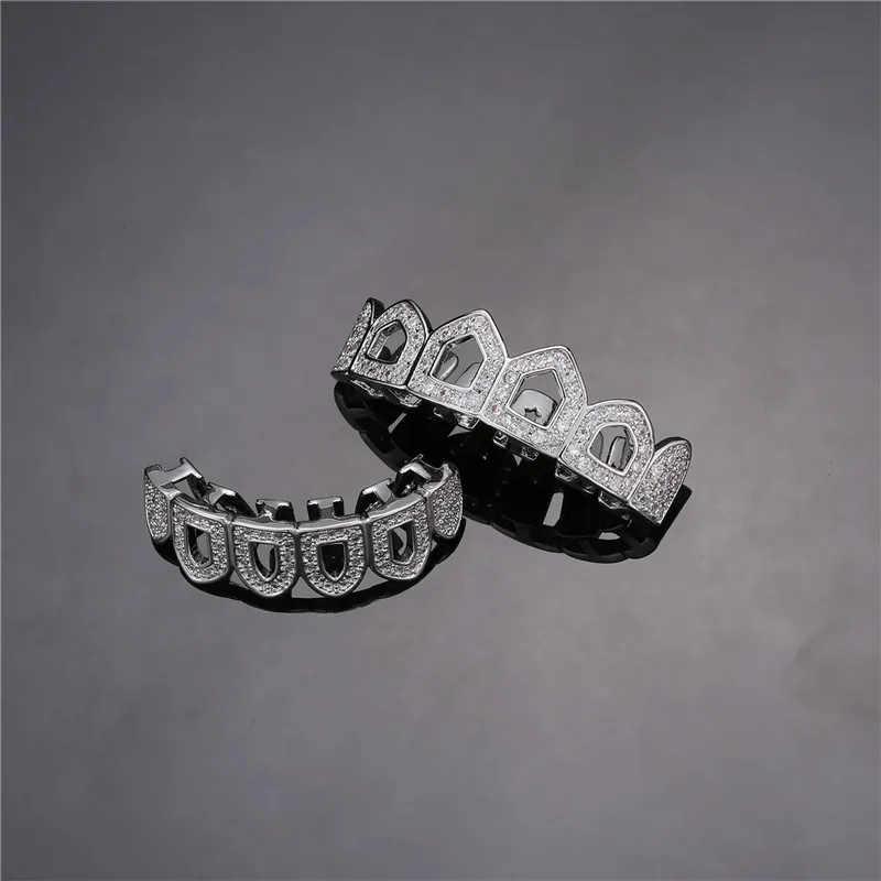 Feel Style Iced Out Teeth Grillz Set For Unisex Cubic Zirconia Stone Top Bottom Box Packing Hip Hop Jewelry For Men Women Gift