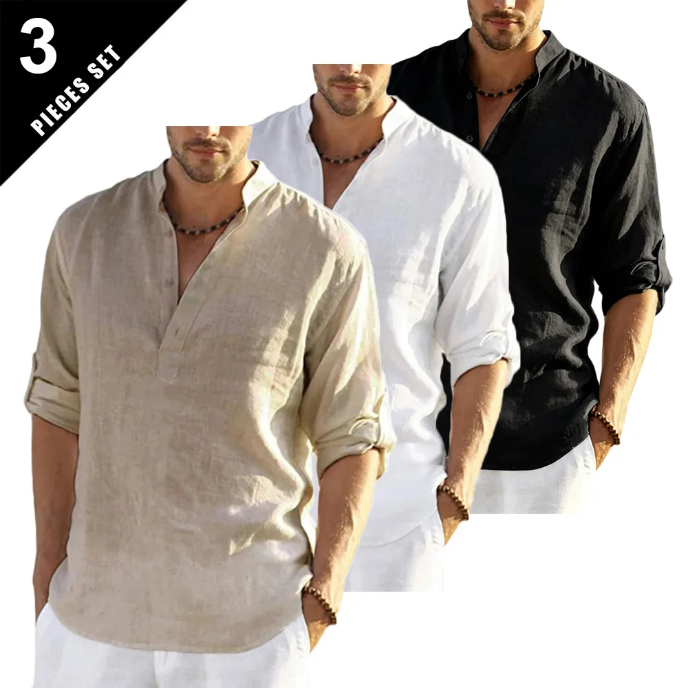 3-teiliges Herren-T-Shirt aus Baumwolle und Leinen mit langen Ärmeln, Henley-Ausschnitt, einfarbig, leicht, atmungsaktiv, lässige Oberteile, einfacher Stil, Henley-Shirts