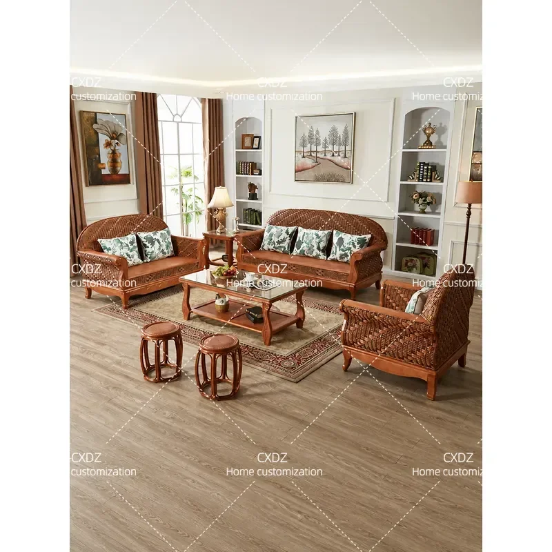 Jade Rattan Chinese Antique Style Living Room Sofa and Coffee Table Set Solid Wood Frame Rattan Art Furniture for Homestay