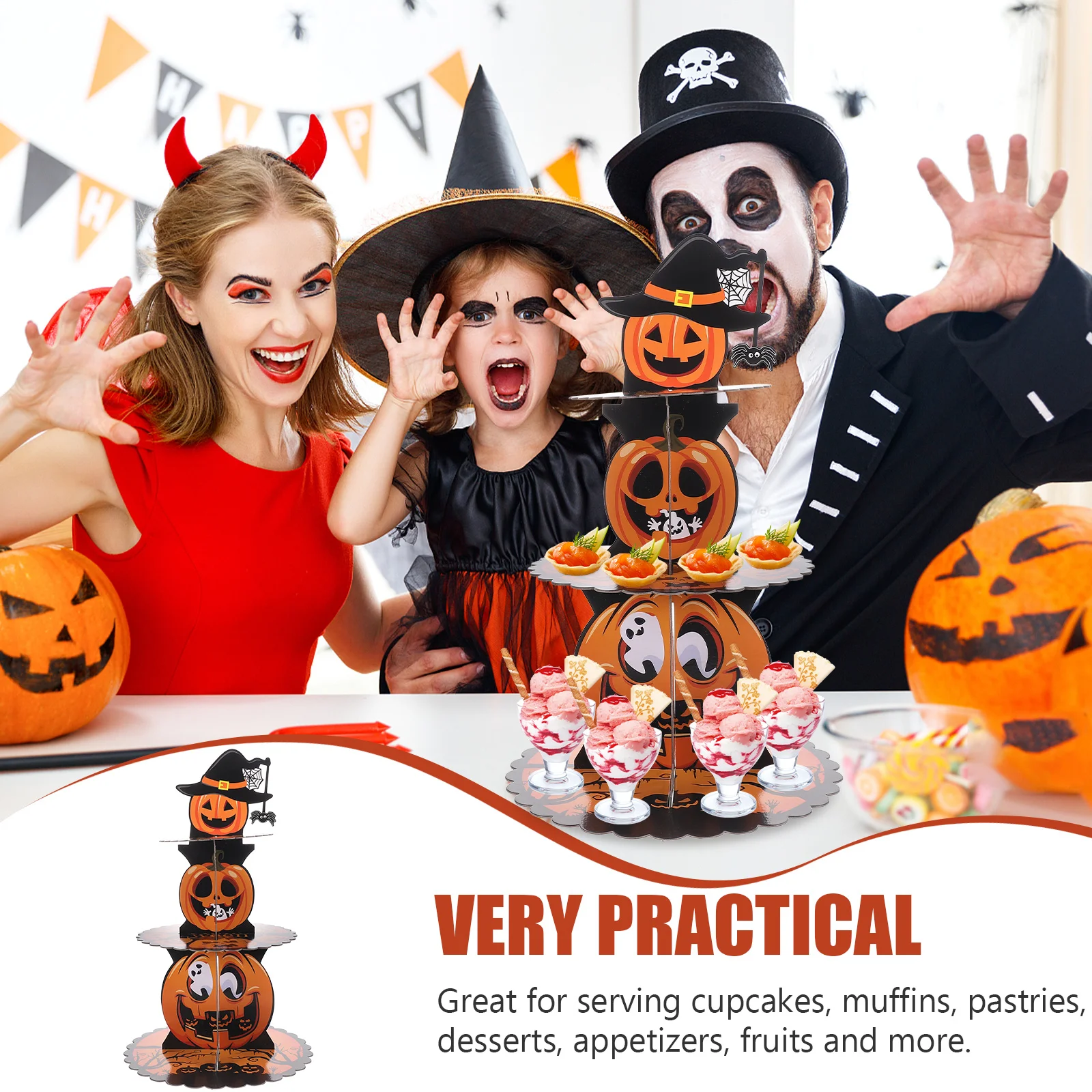 

Halloween Pumpkin Multi Tier Dessert Cupcake Stand Snacks Display Rack Decorative Paper Cake Holder Party Supplies