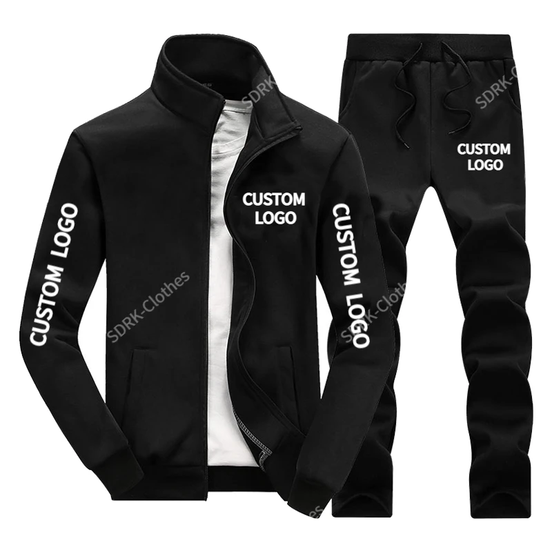 Custom LOGO Men Tracksuit Brand Printed Zipper Lapel Cardigan and Sweatpants 2 Pieces Set Fashion Casual Streetwear Jogger Suit