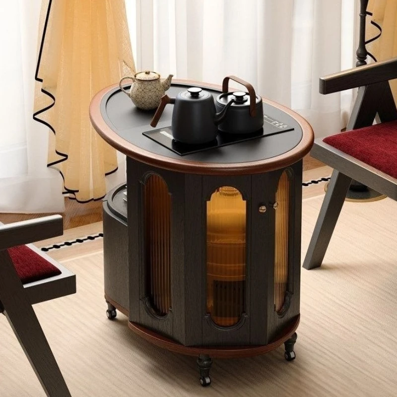 Medieval style, solid wood, movable, rotating trolley, living room sofa side cabinet coffee table
