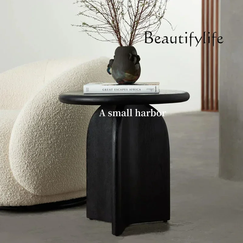 yj7 Tavolino da caffè nordico in legno massello tavolino da tè ovale nero semplice tavolo da tè in legno di design medievale