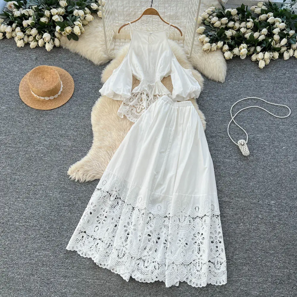 Elegant  off shoulder lace Party Club Vintage Korean Fashion Women Clothes autumn Two Piece Set