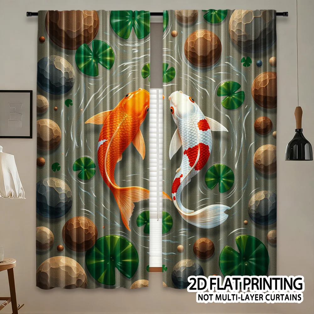 Lucky Koi Lotus Pond Theme Curtain 2 Panels Two Facing Carp Green Water Lily Pebble Base Living Room Zen Traditional Home Decor