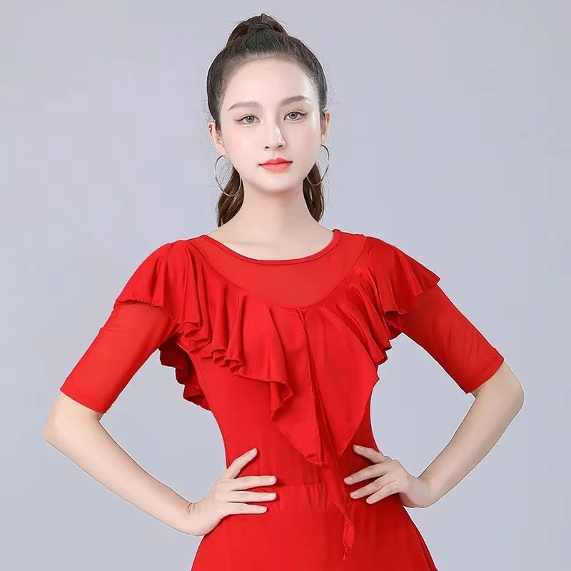 Women's Latin dance wear Adult Modern dance attire Irregular Gitba social dance Pleated Tango Chacha Stage dance suit women tops