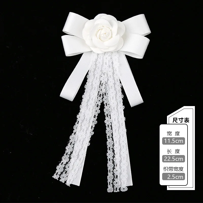Fashion White Lace Ribbon Camellia Flower Brooches for Women Fabric Bow Tie Collar Pins College Style Necktie Jewelry Gifts