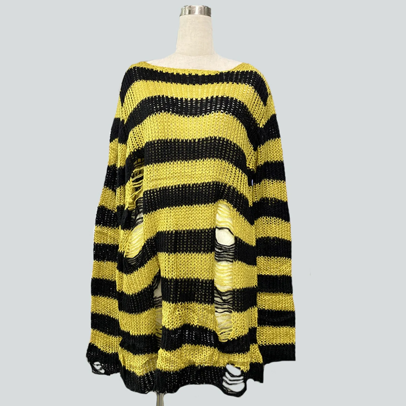 Goth Punk Gothic Sweater Oversized Pullovers Women Striped Cool Hollow Out Hole Broken Jumper Harajuku Aesthetics Sweate