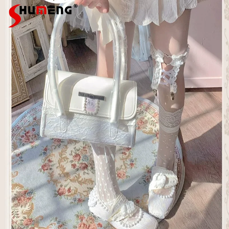 

Sweet Beige Lace Trim Square Box Bag Zipper High-end Texture Elegant Multi-use Handbag Women's Single Shoulder Crossbody Bags