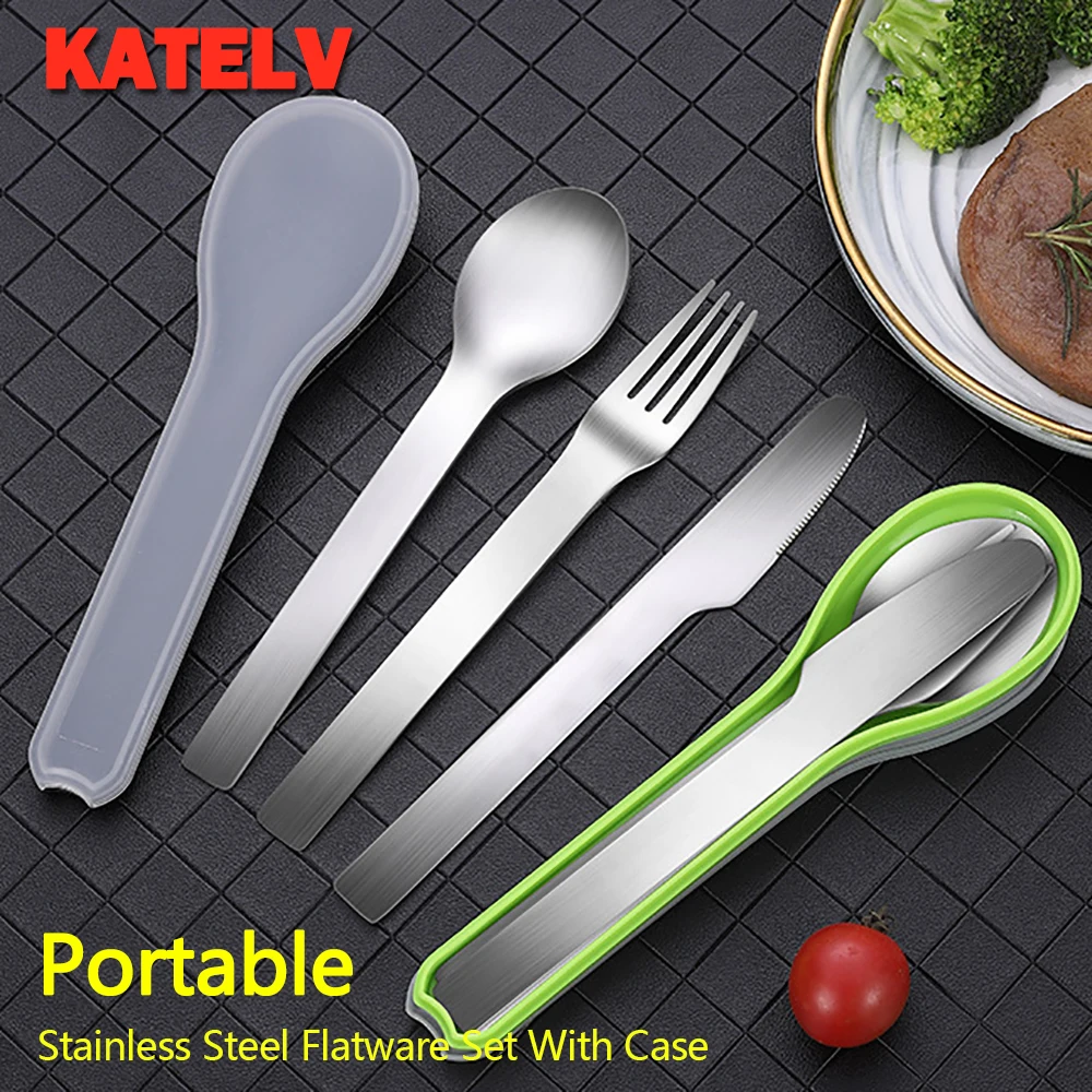 3Pcs Portable Cutlery Set With Case Stainless Steel Knife Fork Spoon Flatware Set Camping Picnic Travel Tableware Set With Box