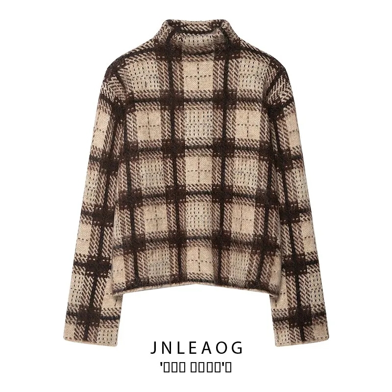 

Модный цветной клетчатый трикотаж, женский длинный свек с высоким воротником, дышащий полиэстер, осеннее новое поступление