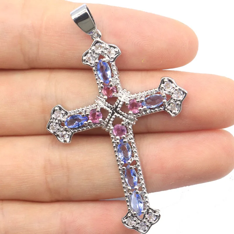 

Buy 5 Get 1 Free 57x35mm Cross Pink Tourmaline Golden Citrine Pink Kunzite Morganite Violet Tanzanite Daily Wear Silver Pendant