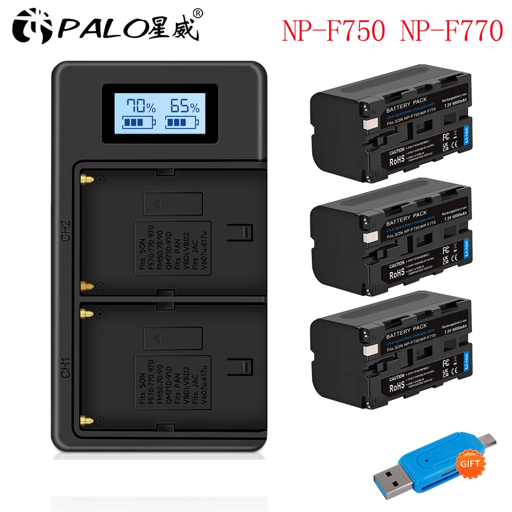 

PALO 6000mAh NP F750 NP F770 NP-F750 Battery+LCD USB Charger for Sony NP F750 F770 F970 F960 F550 F570 QM91D CCD-RV100 TRU47E