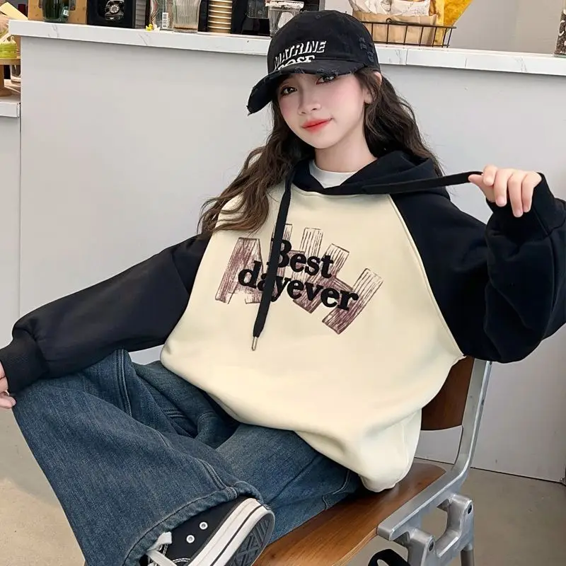 Girls Hoodie Autumn Winter Fleece Sweatshirt Colorblock Long Sleeve Coat Kids Fashion Outerwear