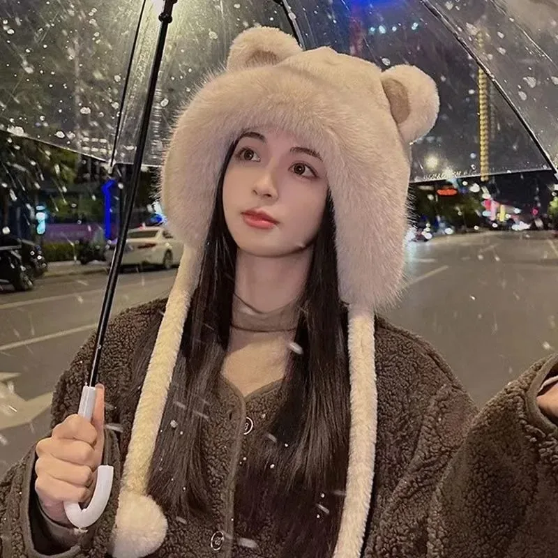 Cappello invernale in peluche con orso Protezione per le orecchie da ciclismo all'aperto Cappello in pile caldo addensato per ragazze Cappello casual da donna Elementi essenziali per il calore