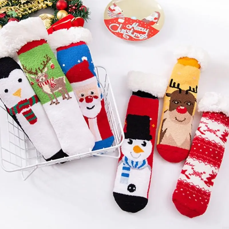 P88B Women Christmas Fuzzy Plush Lined Slipper Socks Cartoon Santa Snowman Reindeer Non Skid Thermal Hosiery with