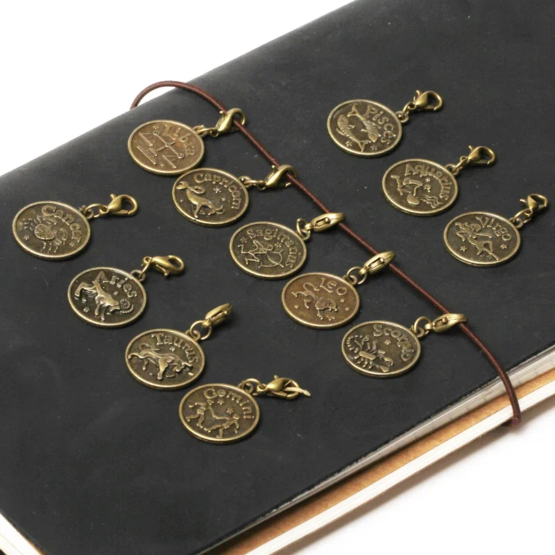 Vintage Travelers Notebook Accessories 12 Constellation Pendant for Midori Planner Decorative Stationery Double Side Retro Brass