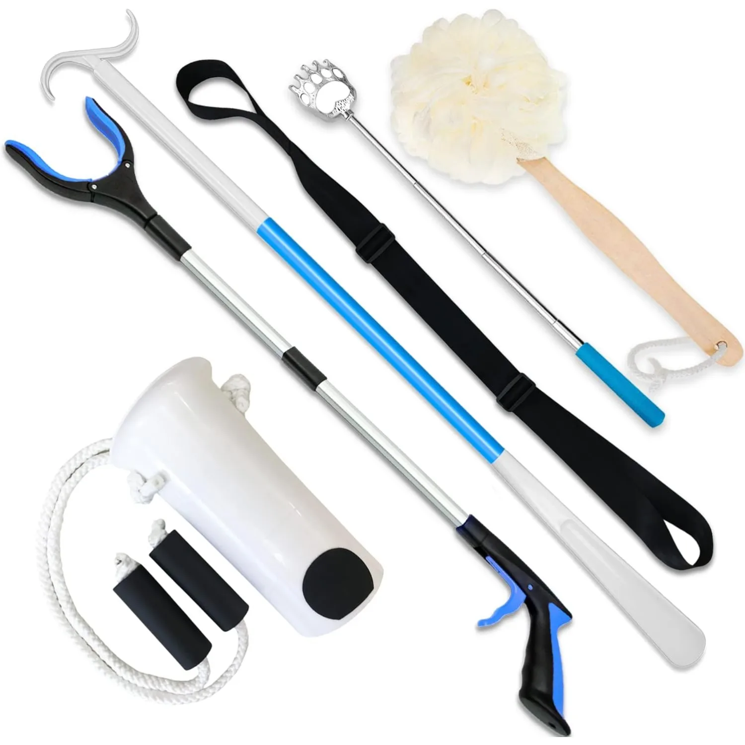 6-Piece Post-Surgery Care Set, Elderly Assistance Kit, Includes: Object Retriever, Sock Aid, Shoehorn and Dressing Stick, Leg Straps, Back Scratcher, Bath Sponge, Hip Joint Care Set with Leg Lifting Strap