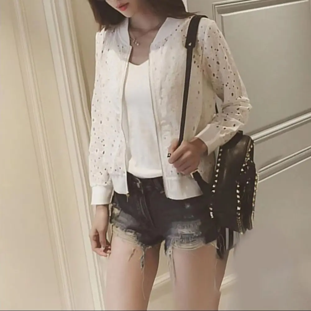 Versatile Women Jacket Women Short Jacket Elegant Lace Stand Collar Baseball Jacket for Women Sheer Hollow Out Coat for Summer