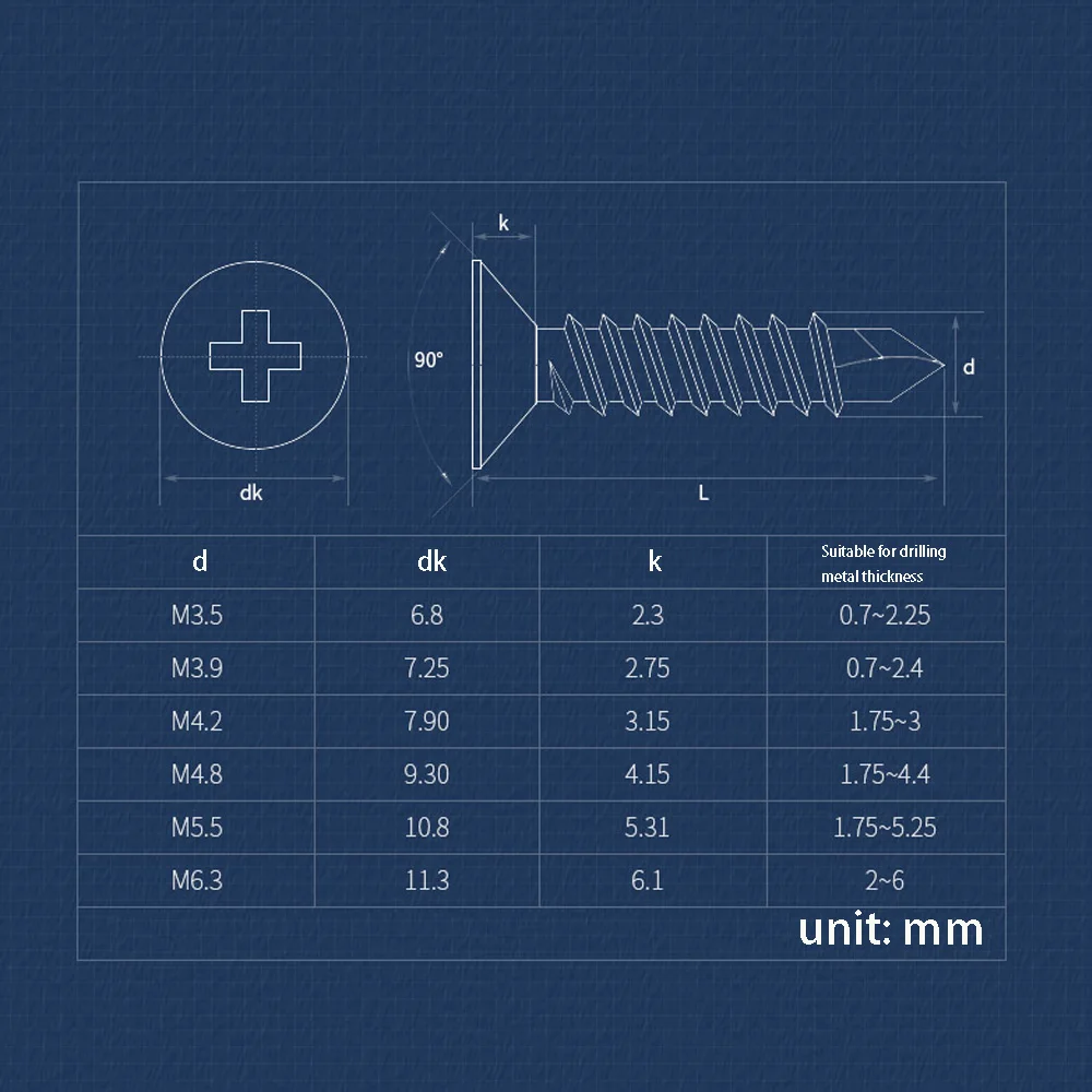 M3.5-M6.3 410 Stainless Steel Dovetail Drill Tail Self Tapping Screw Flat Countersunk Phillips Metal Roof Panel Fastening Bolt