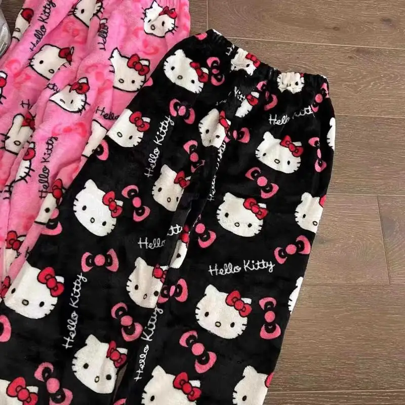 Hello Kitty Kawaii Y2K Autumn/winter Pajamas Pants Cute Girls Halloween Home Clothes Wool Anime Home Casual Pants Holiday Gifts