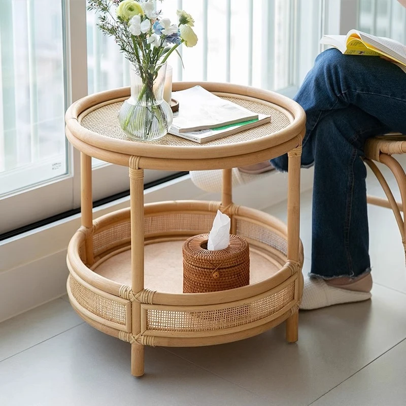 

Japanese-style round Indonesian rattan coffee table ins retro glass modern simple interior small apartment home living room
