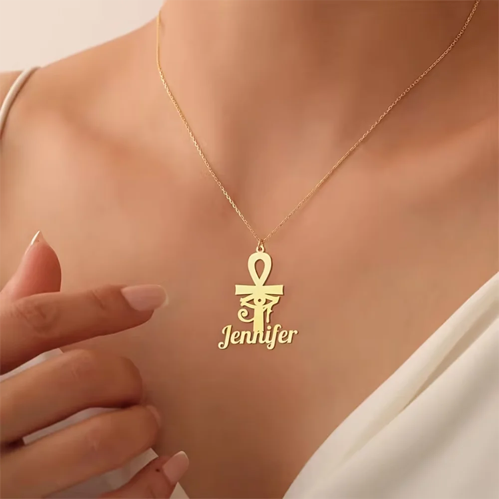 Benutzerdefinierte Namenskette Ägyptische Ankh Mode Goldfarbe Edelstahl Auge des Ra Aunk Amulett Kette Schmuck Personalisierung Geschenk