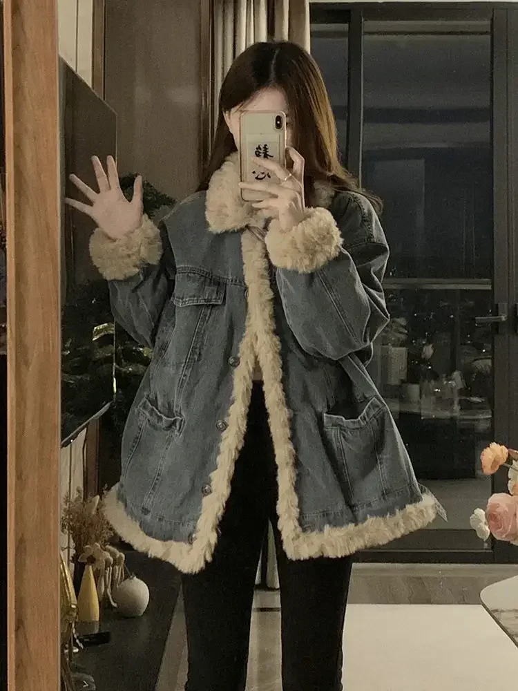 

Retro Lambswool Denim Jacket Female Explosion in Autumn And Winter With Loose Burrs And Cashmere Cardigan Cotton Clothes