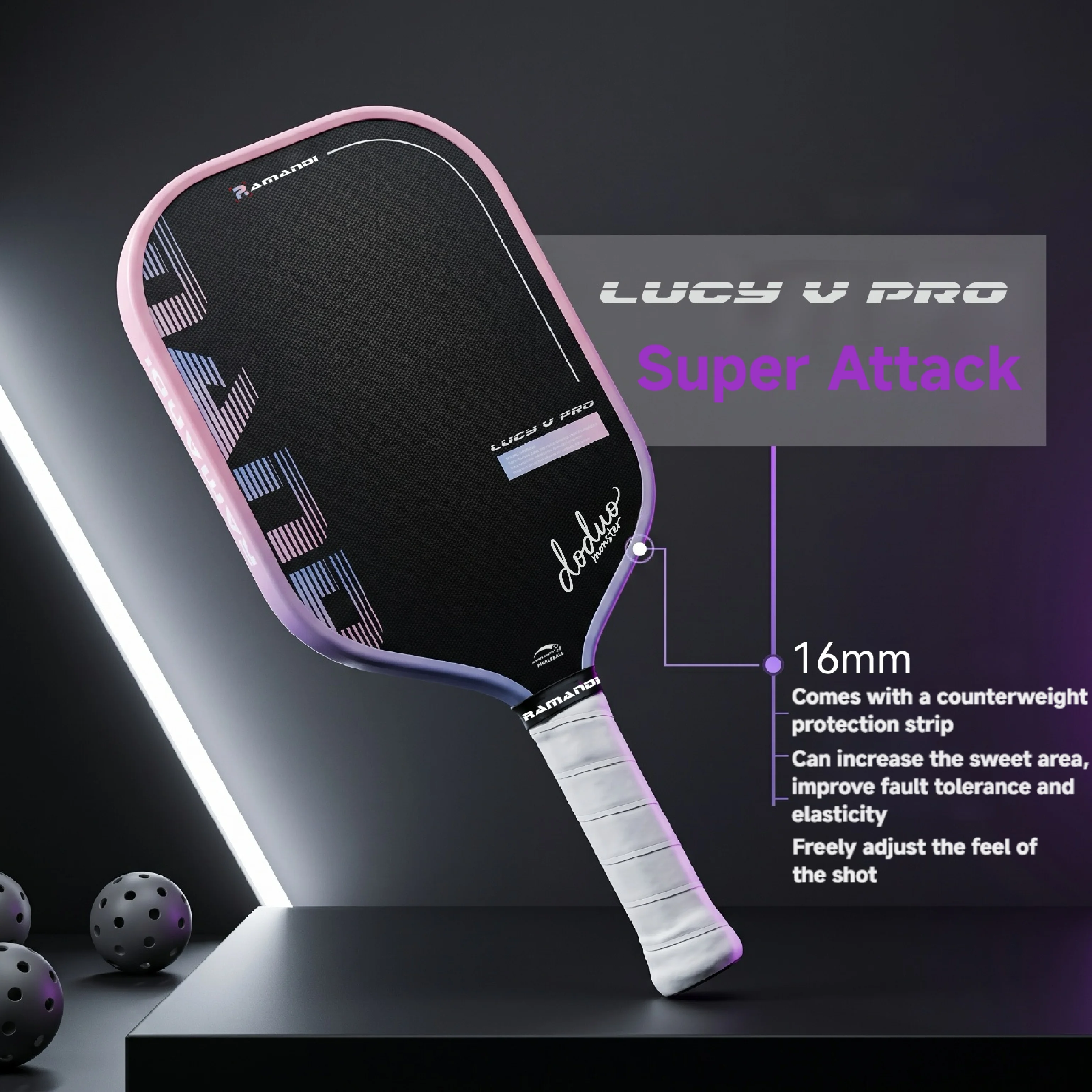 RAMANDI Lucy V pickleball paddle, multi-layer T700SC textured carbon fiber pickleball paddle, high-performance MPP EVA core