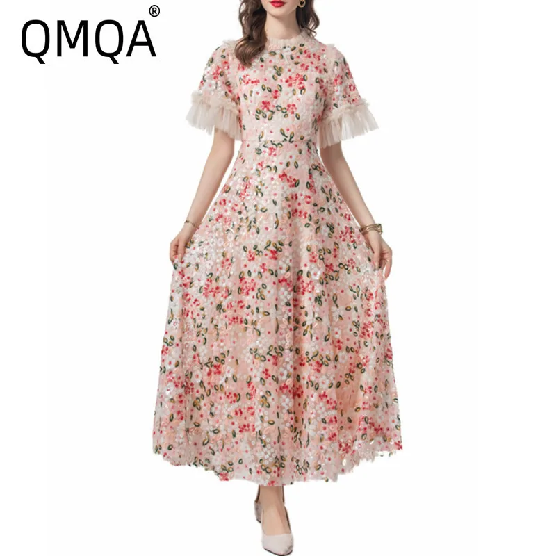 

QMQA Fashion Women's Elegant Dress Colorful Sequin Embroidered Flower Round Neck Short Sleeve Princess Style Maxi Dresses QM257