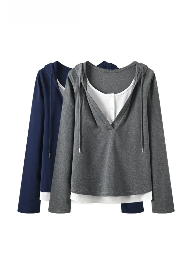 

Loose Long Sve Hoodie Women's T-irt plus Size Spring Faion Casual Wear Polyester Fiber Ensemble Virtual Two-Piece