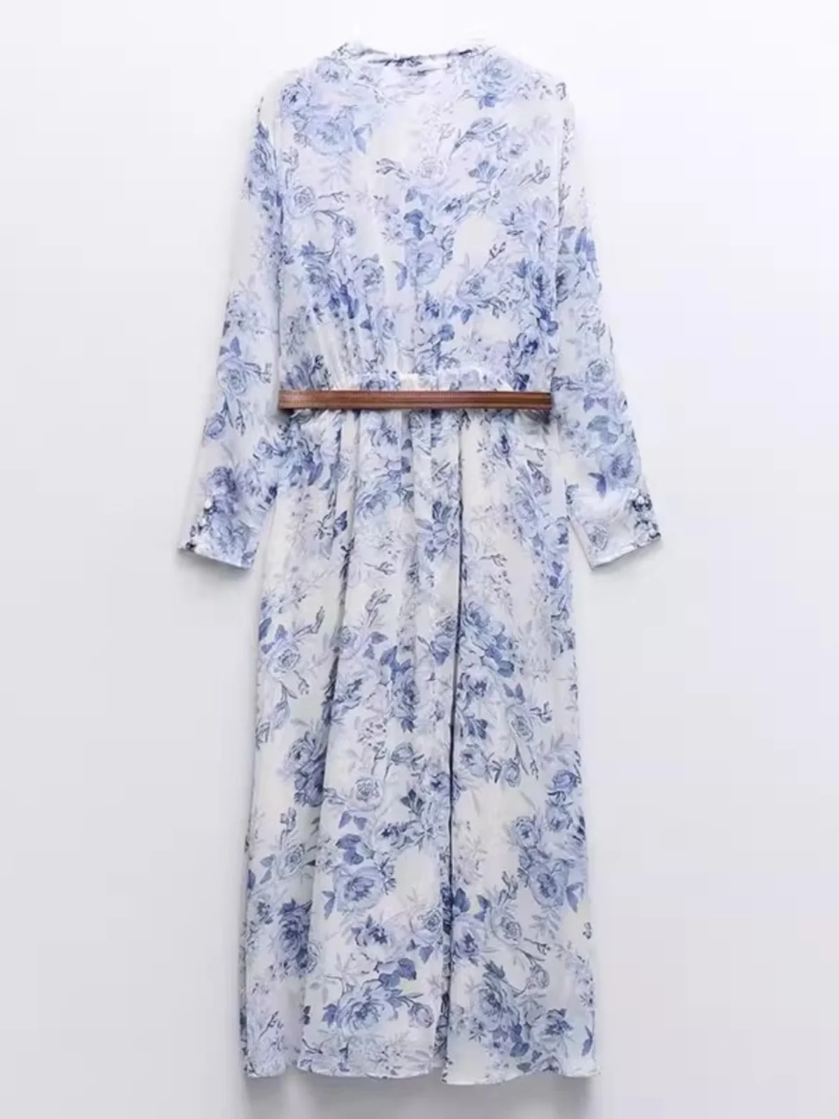 Frühling New Faion Damen Dr Belted Layered Decorative Print Street Sle Long Sve V-Ne Anderes Material Einzelstück