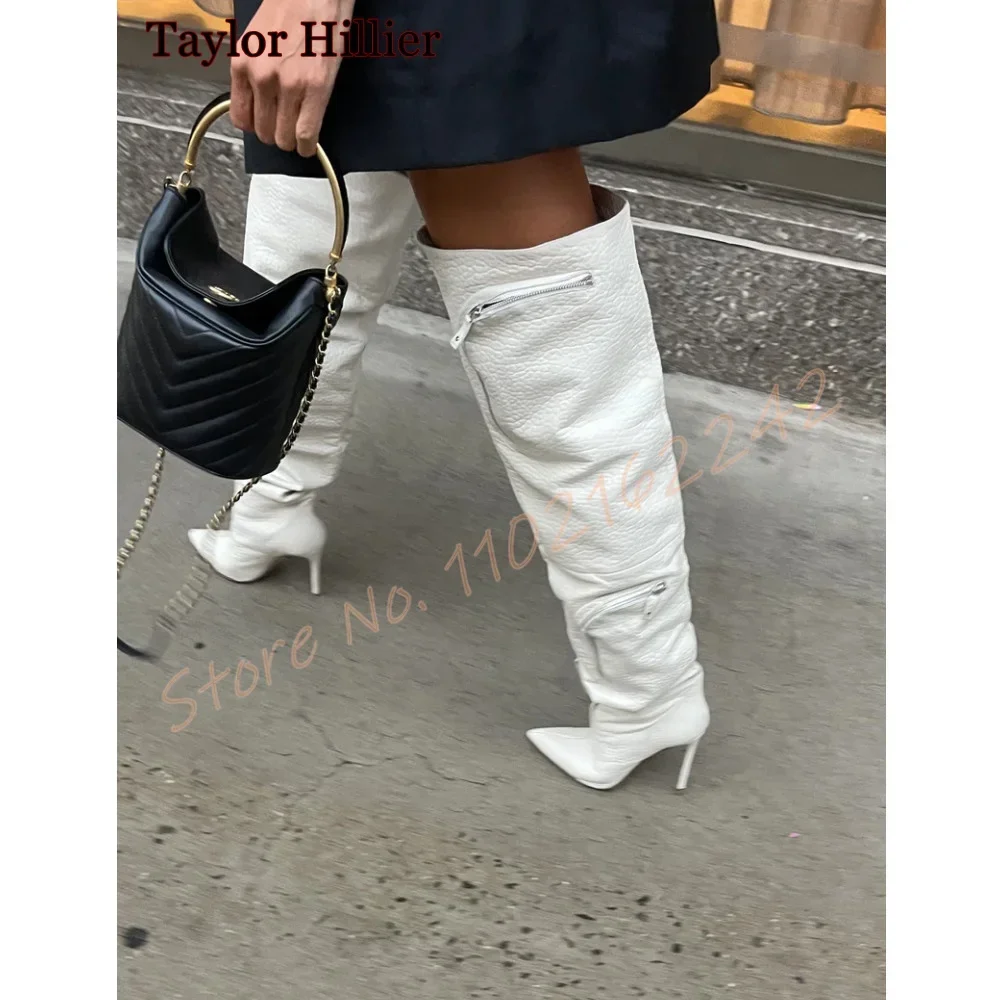 

Белые женские сапоги выше колена. Модные свободные сапоги на шпильке с острым носком. Элегантные подиумные универсальные роскошные зимние высокие сапоги 44.