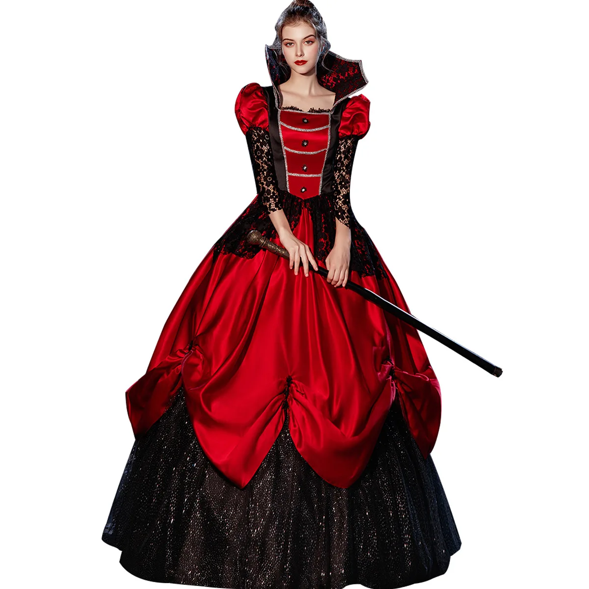 Rot schwarz Stehkragen Vampir Hexe Cosplay Königin Kleid Halloween Show Prinzessin Gothic Ballkleid Theater Kostüm Karneval