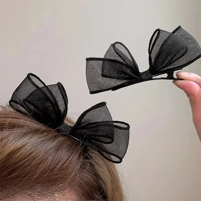 2pcs Elegant Mesh Bow Hair Clips Sweet Side Bangs Hair Card Temperament Forehead Clip Headdress Duckbill Clip