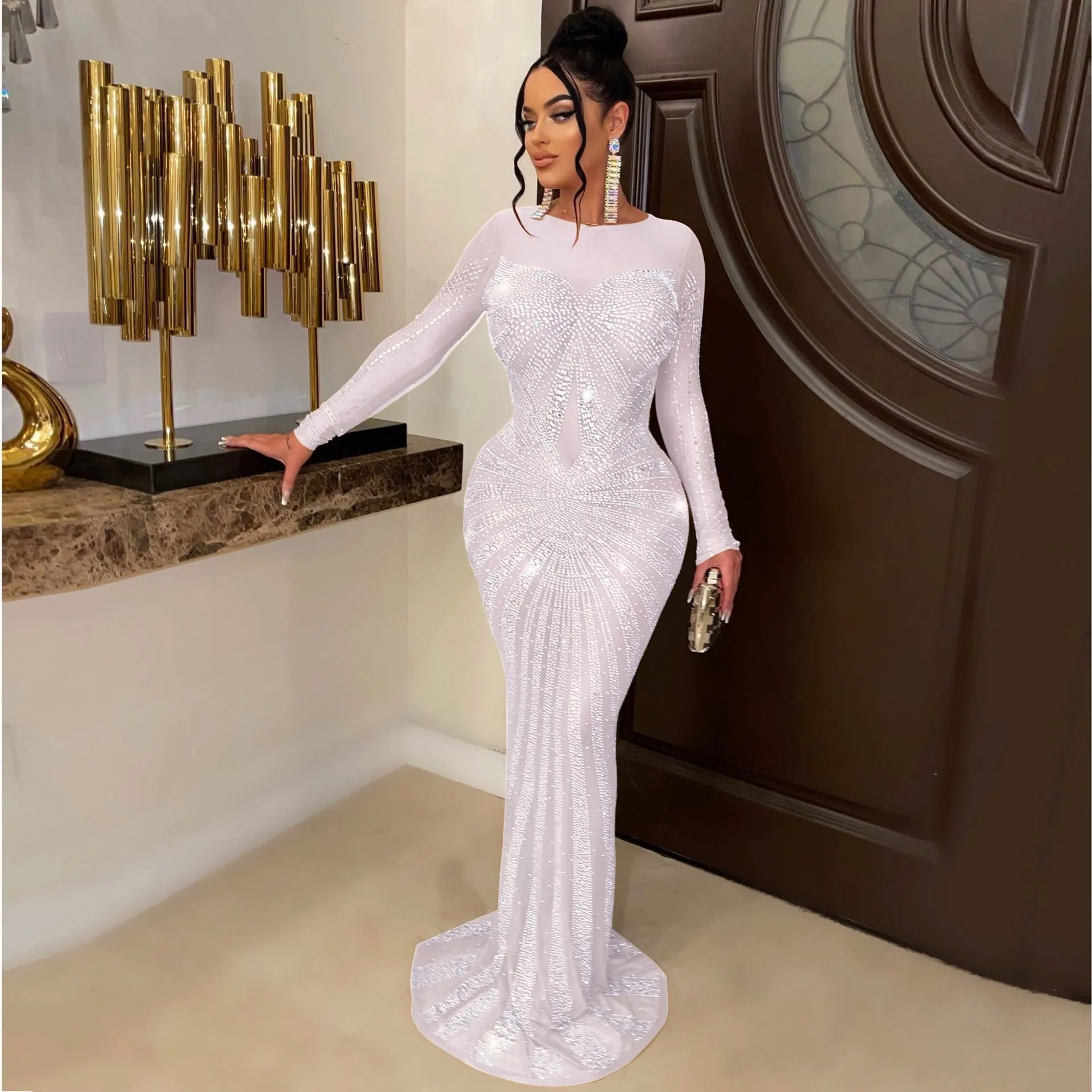 knee length dresses for ladies Romantic White Lace Long Sleeves V-Neck Sash Ball Gown Satin Wedding Dresses with Rhinestone