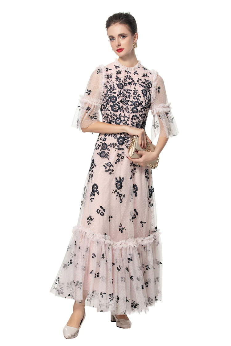 Vestido feminino o pescoço meia manga bordado em camadas floral elegante festa de formatura vestidos