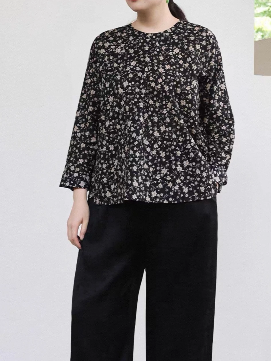

New Chinese Style Pure Cotton Long Sleeve Women's Shirt Black Floral Print Slanting Button-Up Summer 2026 Breathable Casual Top