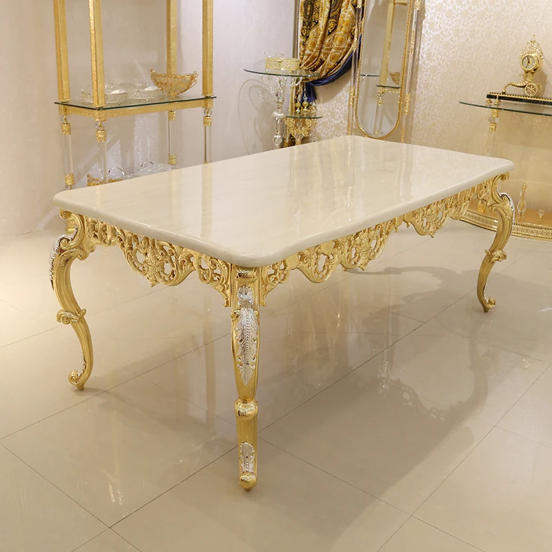 Dining room furniture European Baroque alloy copper plated gold metal furniture white marble sticker long dining table