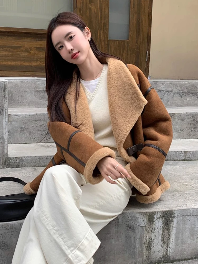 Luksusowe kurtki zimowe z wyższej jakości wełny merino i zamszu dla kobiet, nowa kolekcja 2025, proste, codzienne, prawdziwe skórzane płaszcze z futra jagnięcego.